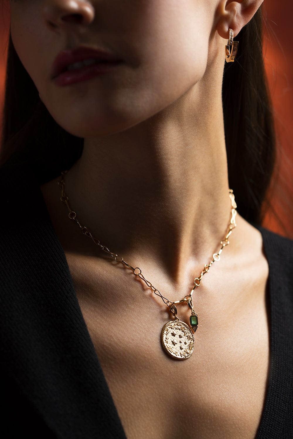 AZLEE-Emerald and Trillion Small Diamond Charm-YELLOW GOLD