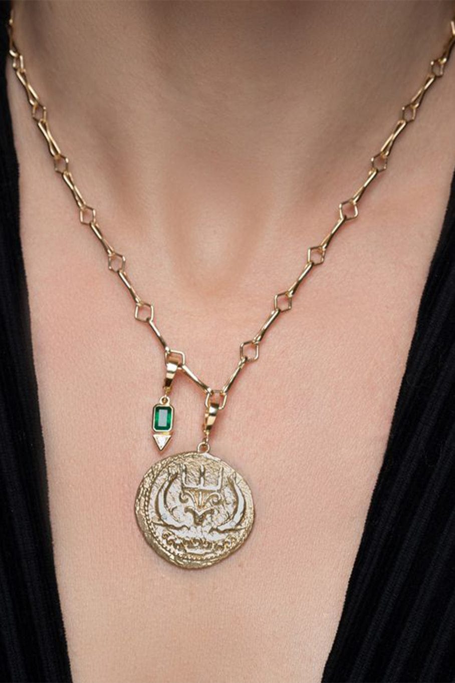 AZLEE-Emerald and Trillion Small Diamond Charm-YELLOW GOLD