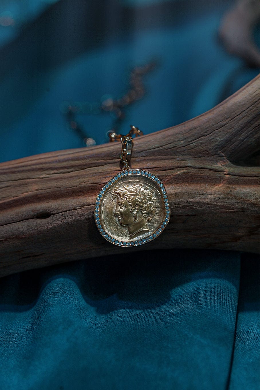 AZLEE-Large Goddess Pave Coin Charm-YELLOW GOLD