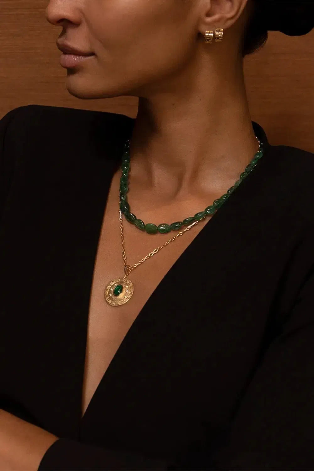 AZLEE-Large Greek Pattern Emerald Coin Charm-YELLOW GOLD