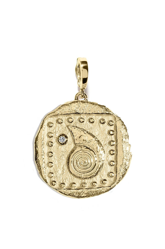 AZLEE-Large Spiral Seashell Diamond Coin Charm-YELLOW GOLD