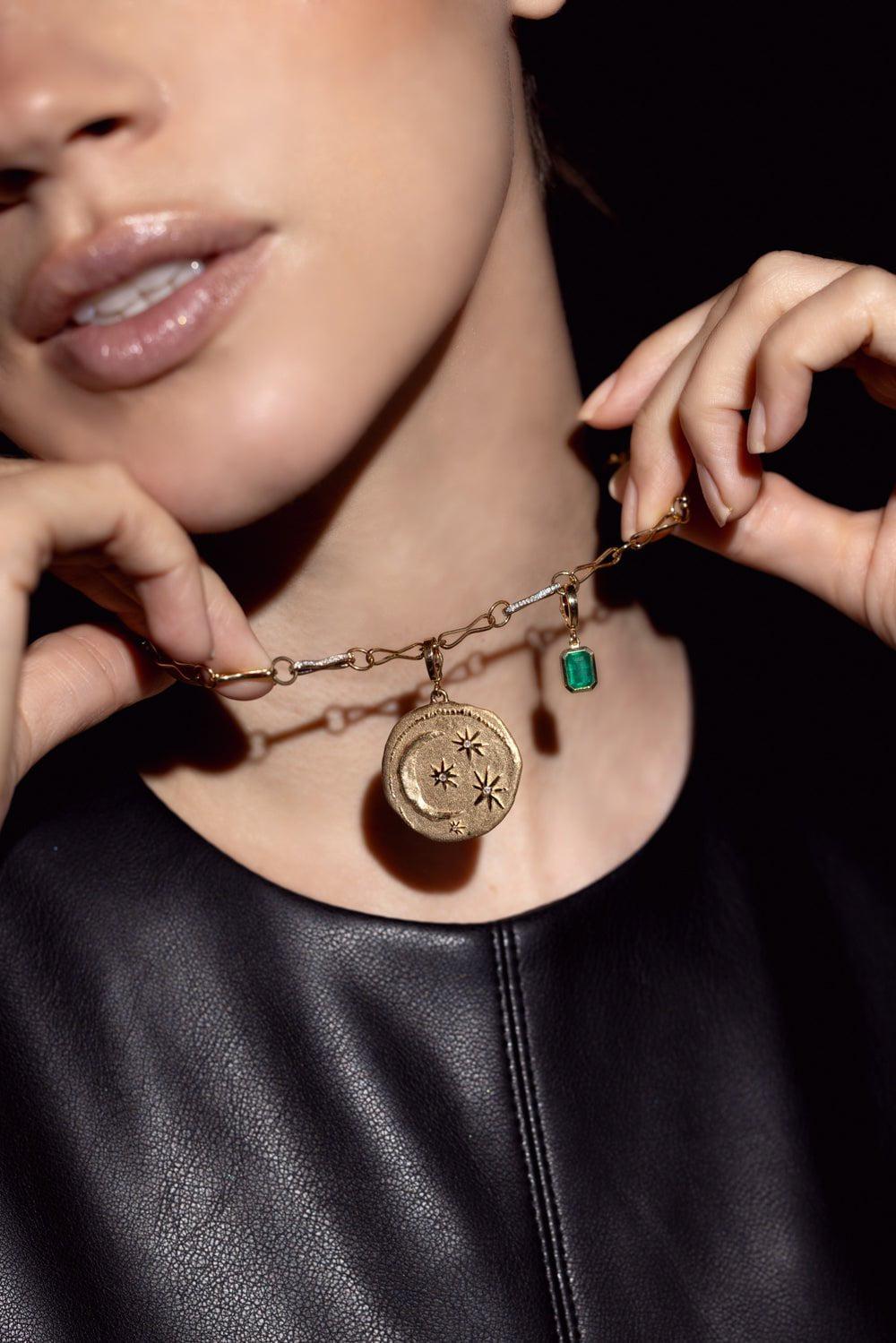 AZLEE-Rich Large Emerald Charm-YELLOW GOLD