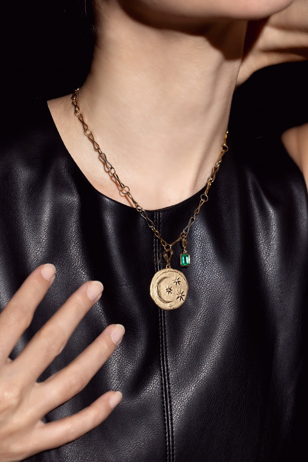 AZLEE-Rich Large Emerald Charm-YELLOW GOLD