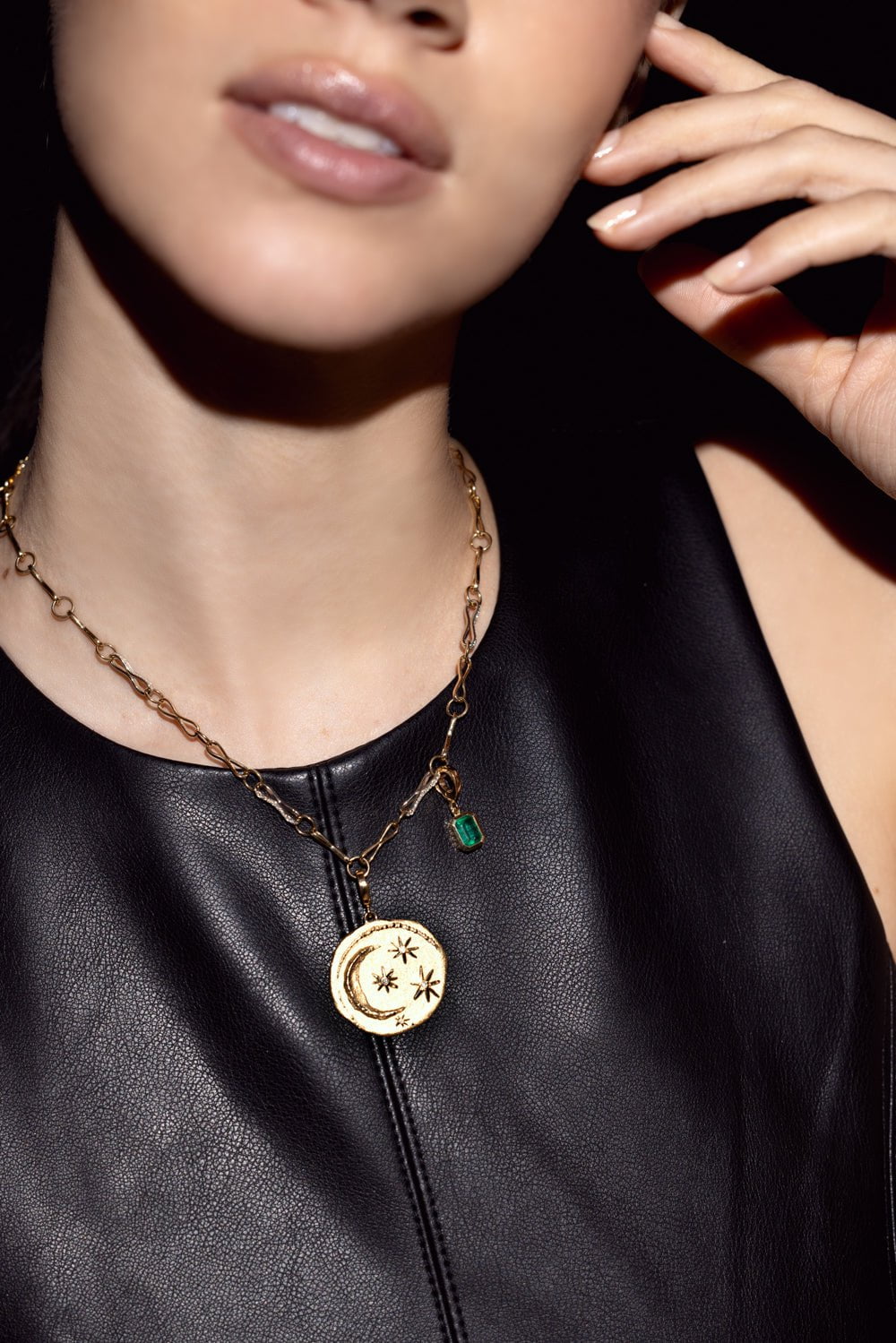 AZLEE-Rich Large Emerald Charm-YELLOW GOLD
