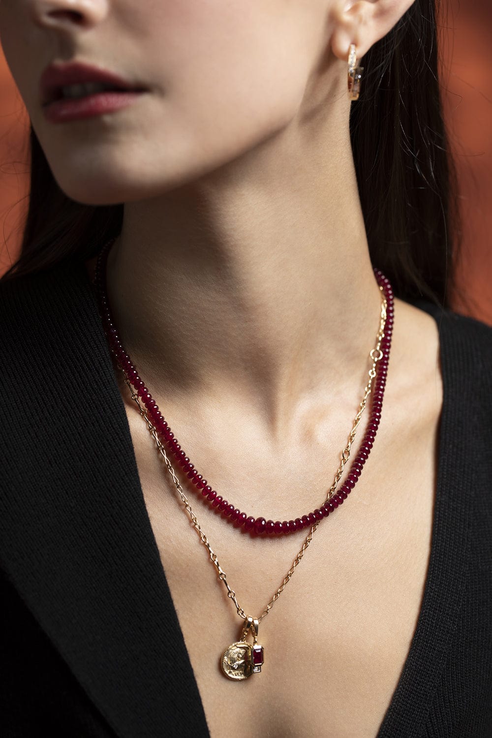 AZLEE-Ruby and Baguette Diamond Charm-YELLOW GOLD