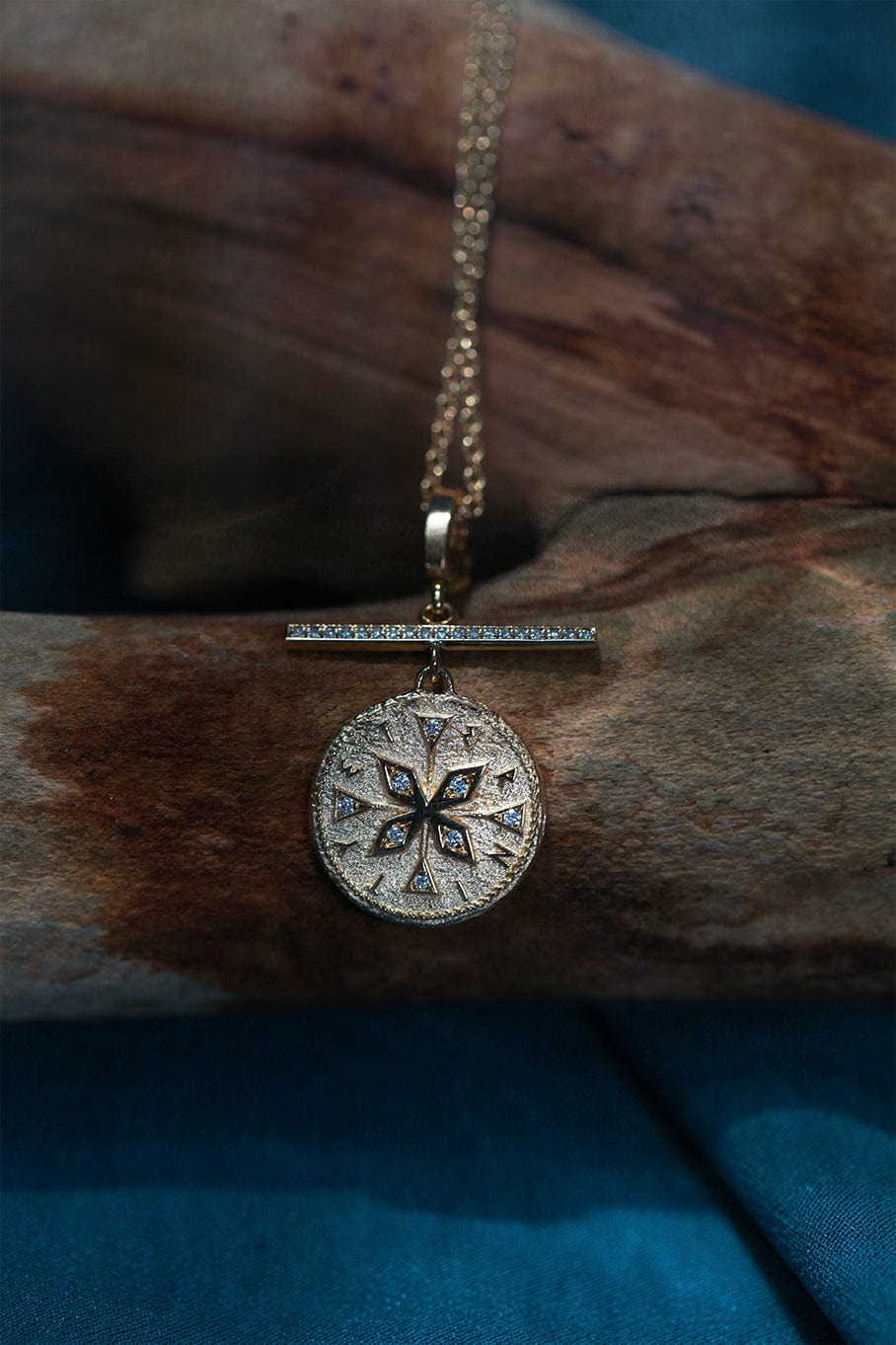 AZLEE-Small Compass Pave Bar Diamond Coin Charm-YELLOW GOLD