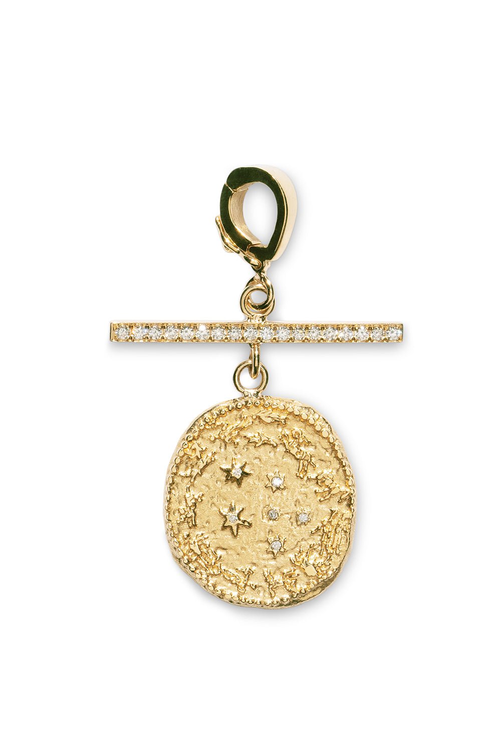AZLEE-Zodiac Wheel Small Coin Pavé Bar Pendant-YELLOW GOLD