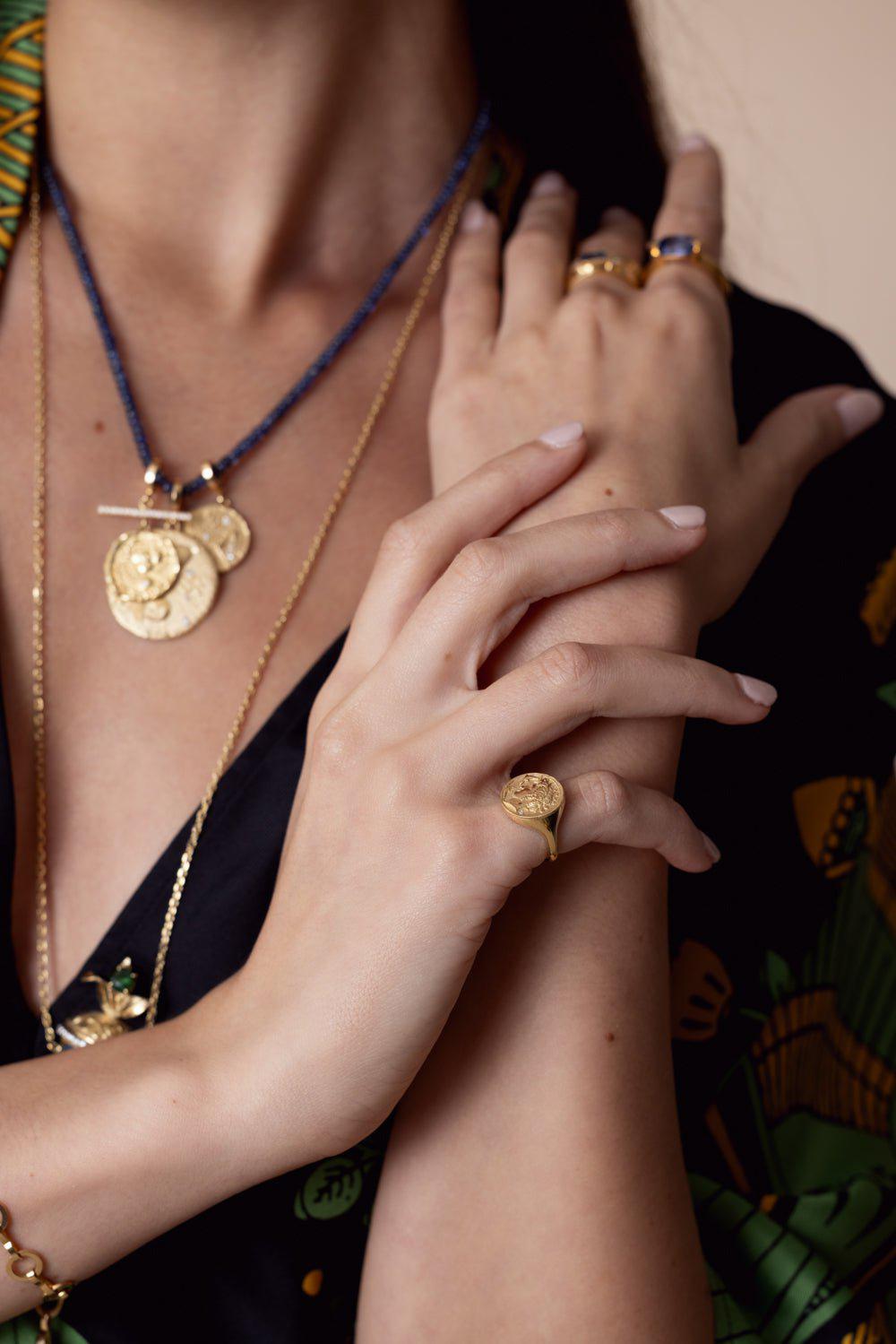 AZLEE-Goddess Coin Signet Ring-YELLOW GOLD