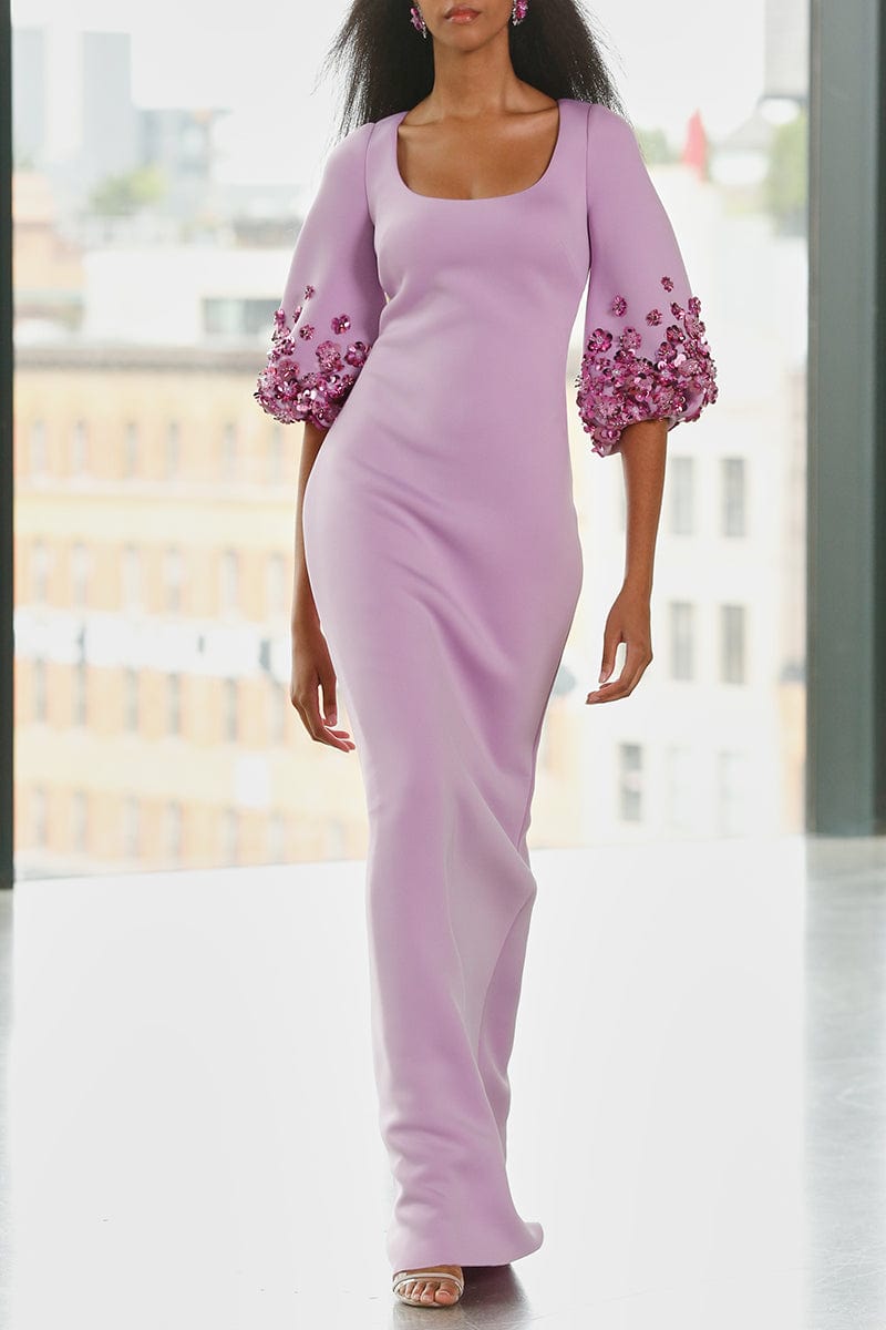 BADGLEY MISCHKA-Scoop Neck Beaded Sleeves Gown-