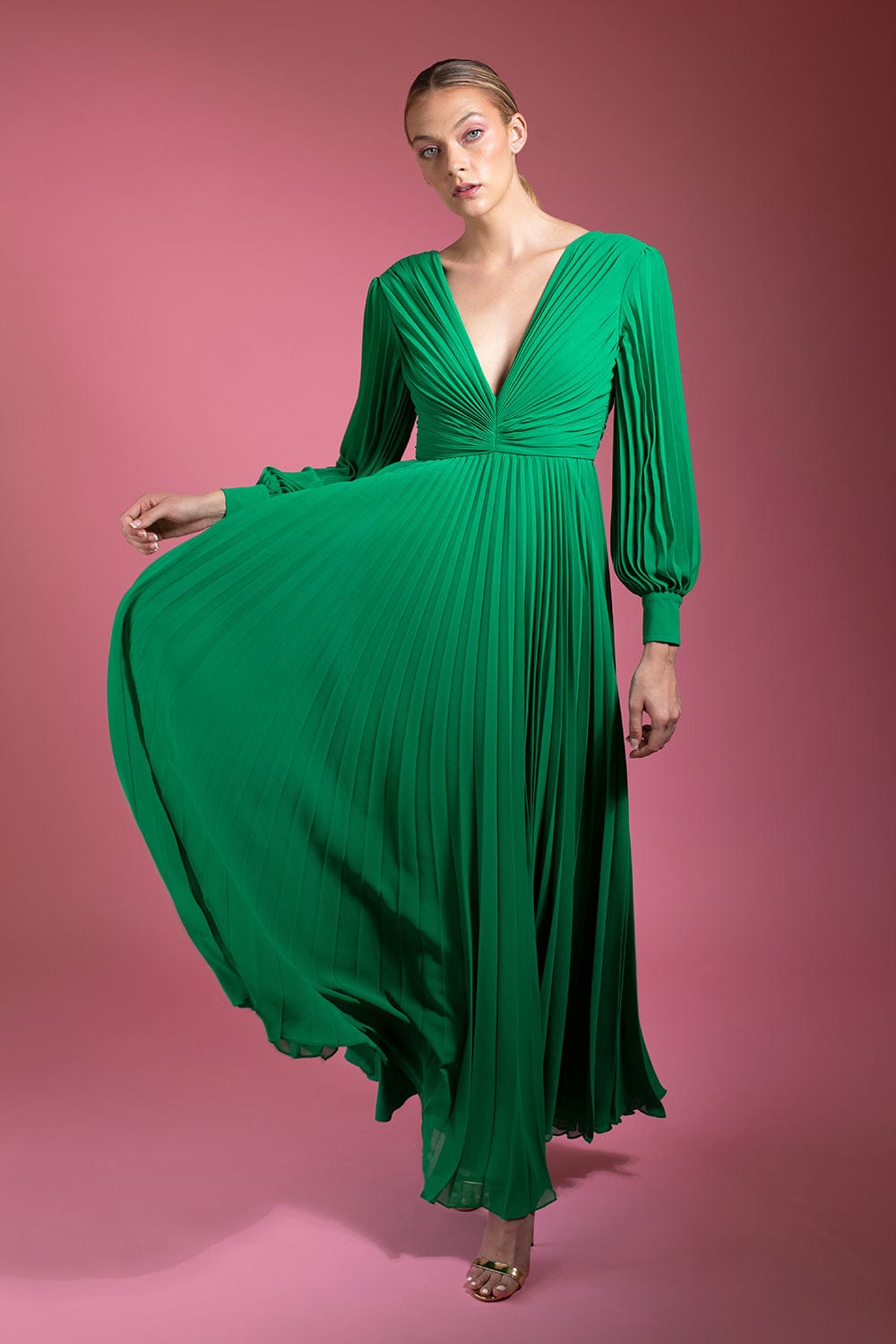 BADGLEY MISCHKA-Pleated V Neck Gown - Palm Green-PALMGRN