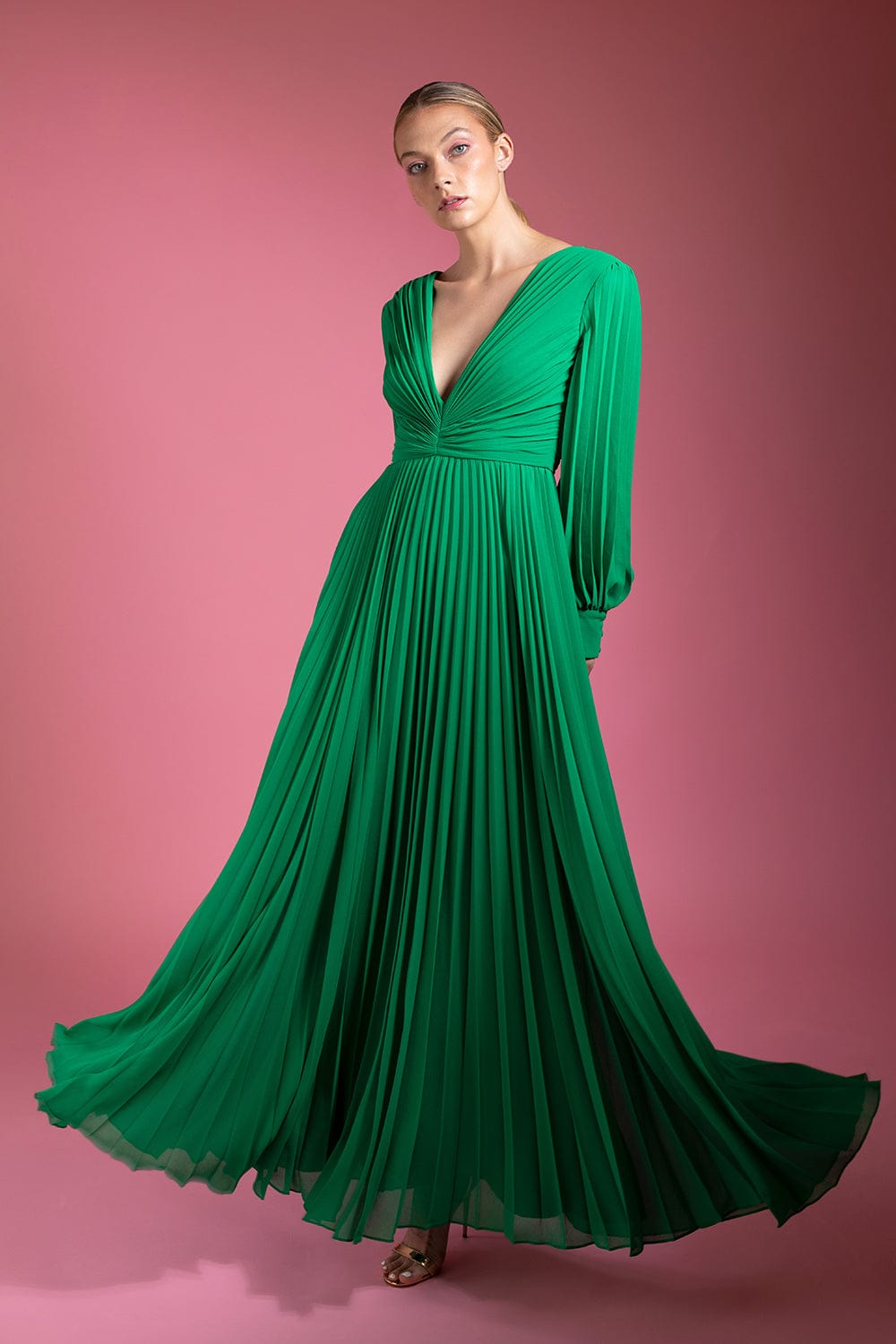 BADGLEY MISCHKA-Pleated V Neck Gown - Palm Green-PALMGRN