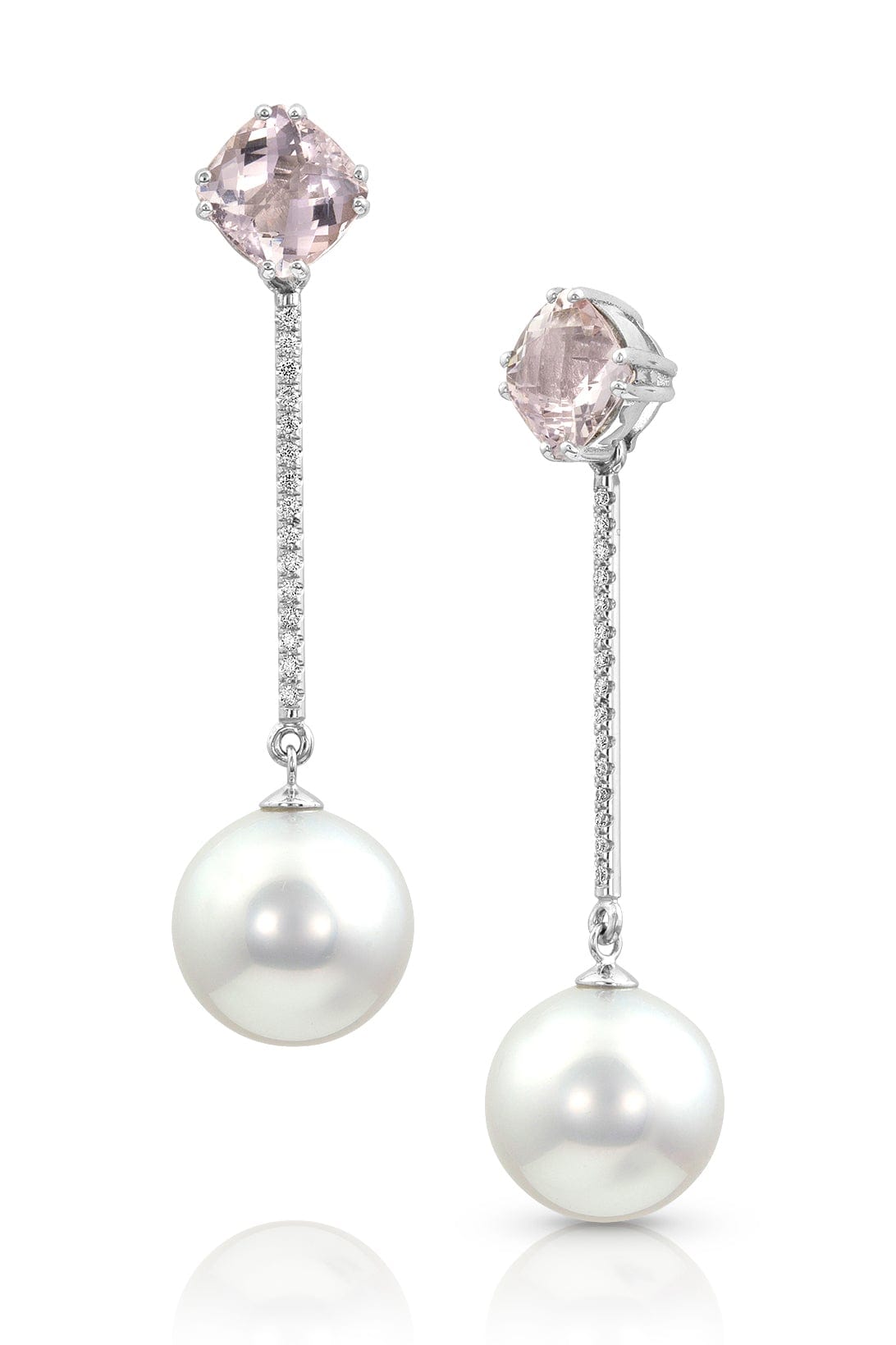 BAGGINS-Morganite and Diamond Stick Pearl Drop Earrings-WHITE GOLD