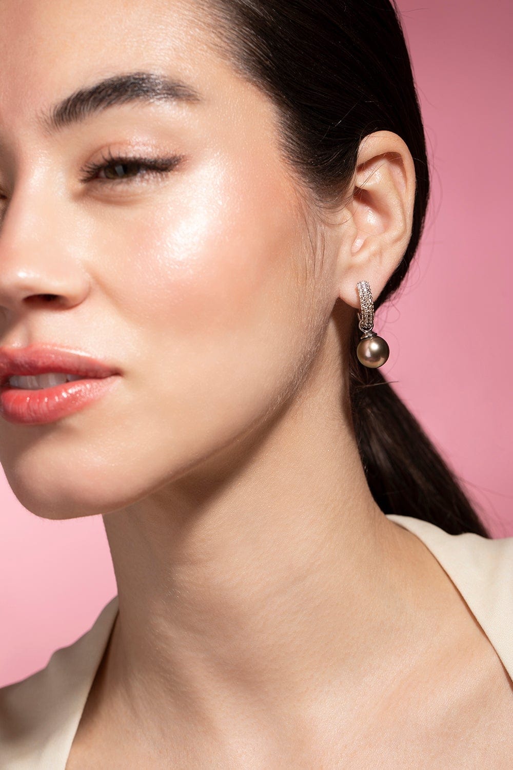 BAGGINS-Ombre Diamond Pearl Drop Earrings-WHITE GOLD