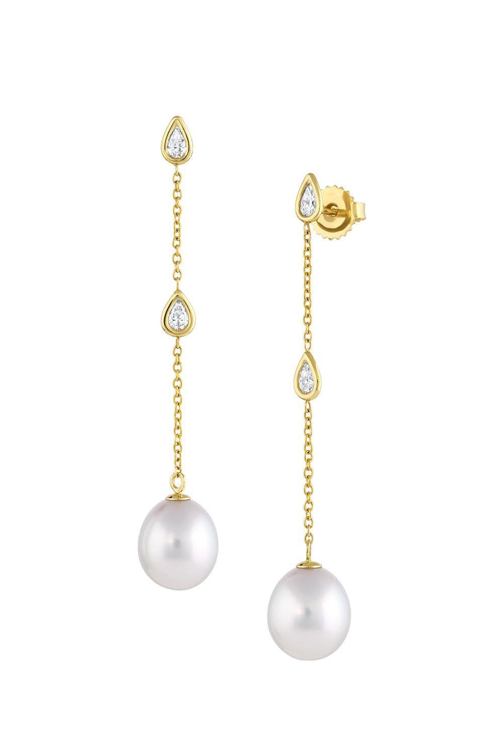 Diamond White Pearl Dangle Earrings-YELLOW GOLD-JEWELRYFINE JEWELEARRING-BAGGINS