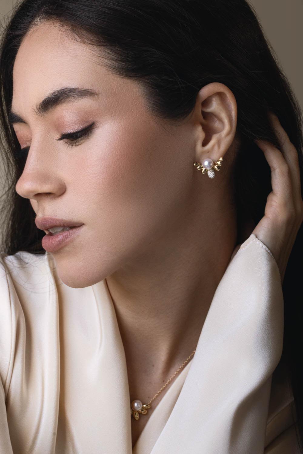 Pearl Diamond Bee Earrings-YELLOW GOLD-JEWELRYFINE JEWELEARRING-BAGGINS