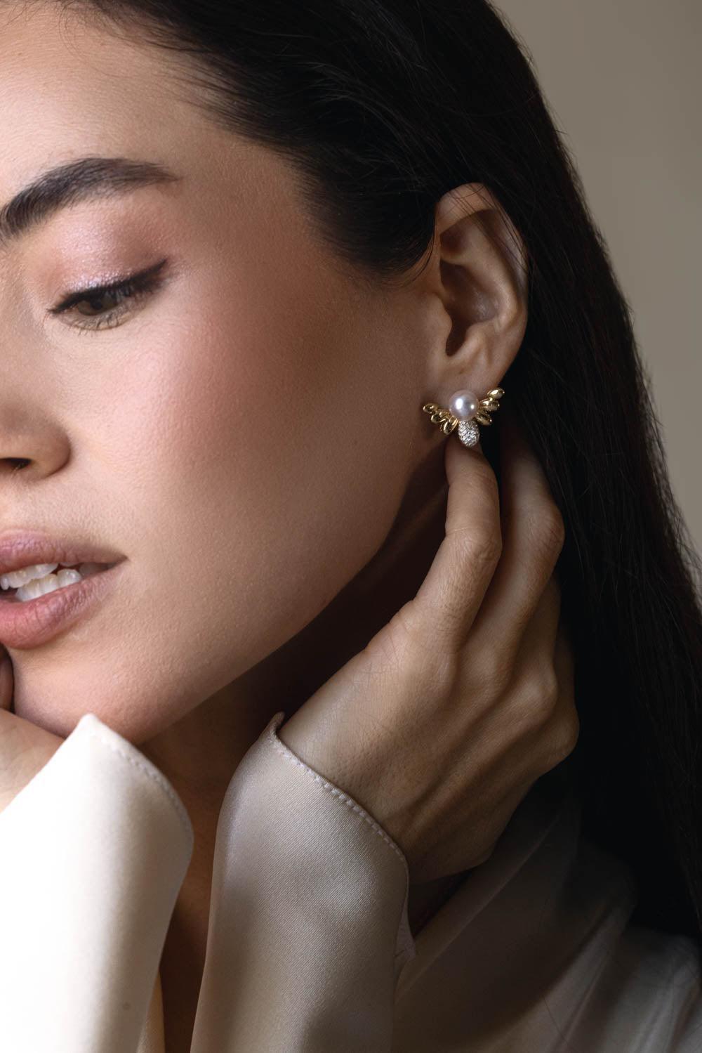 Pearl Diamond Bee Earrings-YELLOW GOLD-JEWELRYFINE JEWELEARRING-BAGGINS