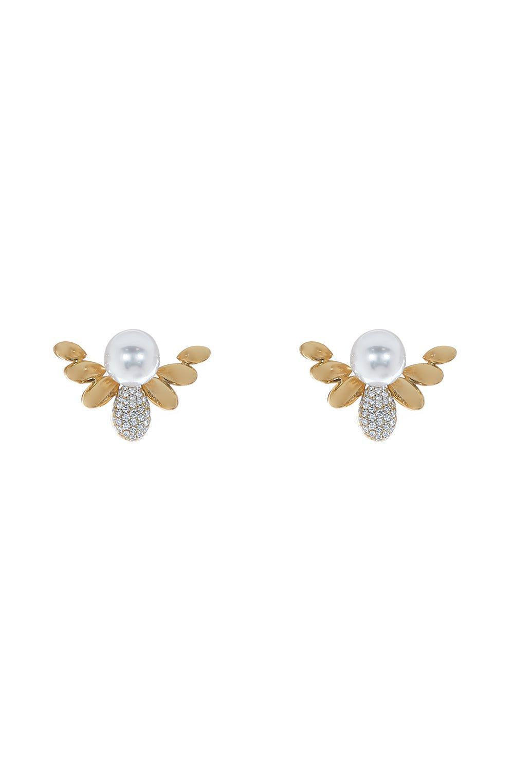 Pearl Diamond Bee Earrings-YELLOW GOLD-JEWELRYFINE JEWELEARRING-BAGGINS