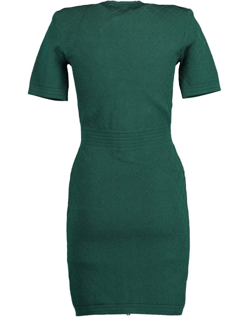 BALMAIN-Green V-Neck Diamond Knit Zip Mini Dress-