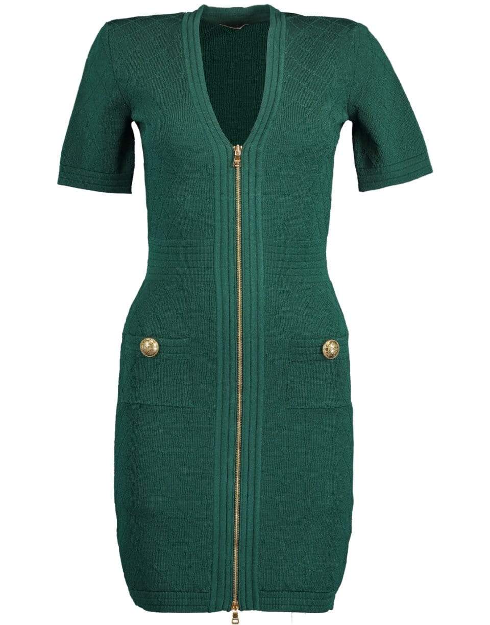 BALMAIN-Green V-Neck Diamond Knit Zip Mini Dress-