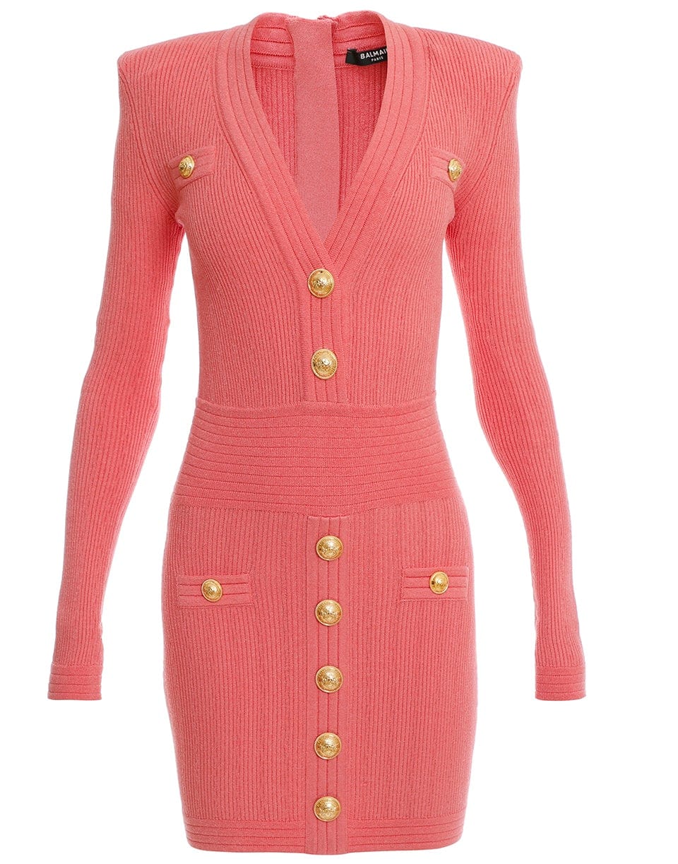 BALMAIN-Long Sleeve V Neck Knit Mini Dress-