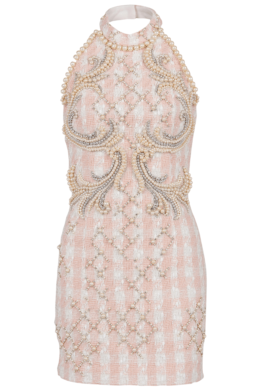 BALMAIN-Halter Neck Embordered Tweed Dress-BLANC ROSE