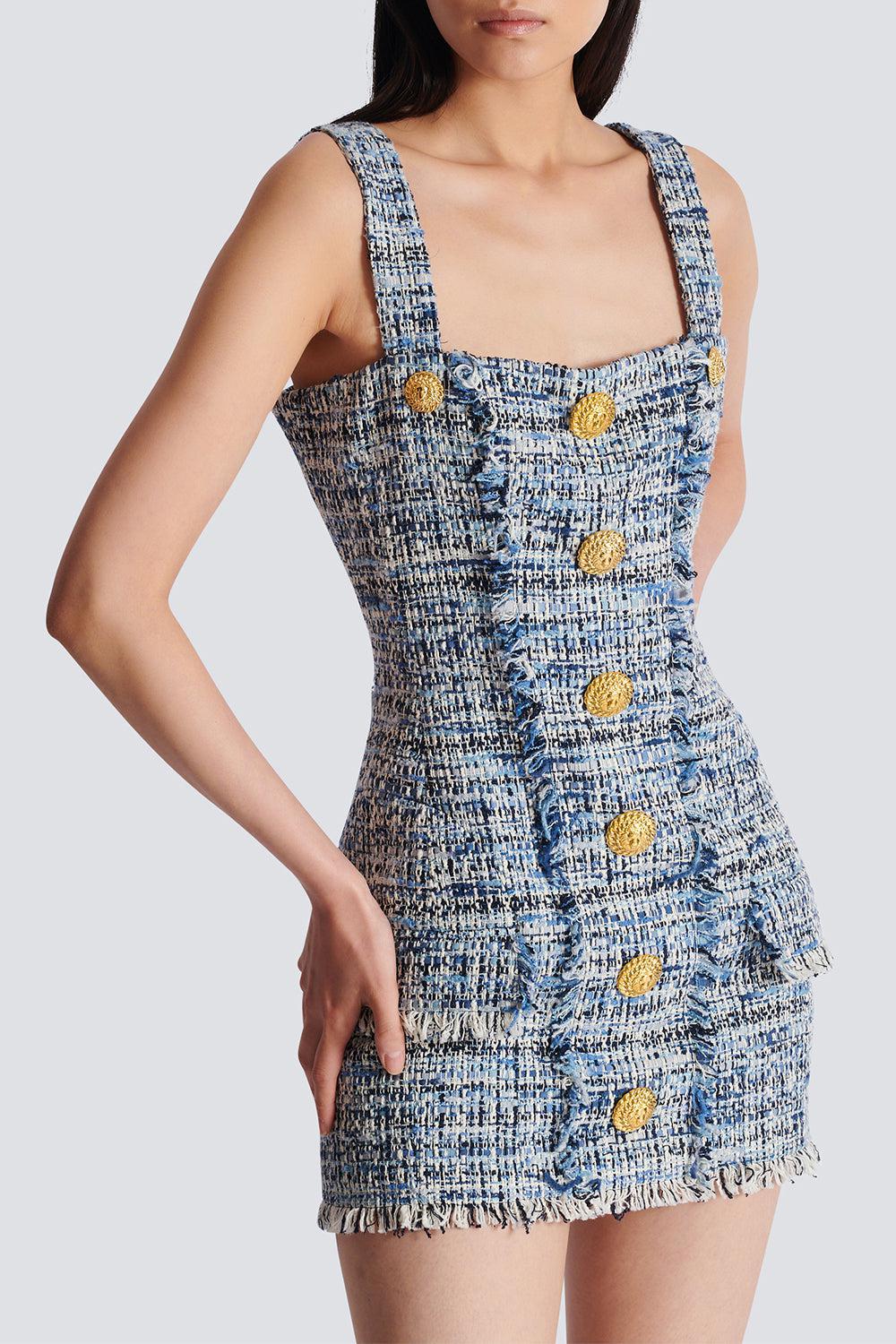 STRAPPED BUTTONED MINI DRESS-BLEUJEAN-36-CLOTHINGDRESSCOCKTAIL-BALMAIN