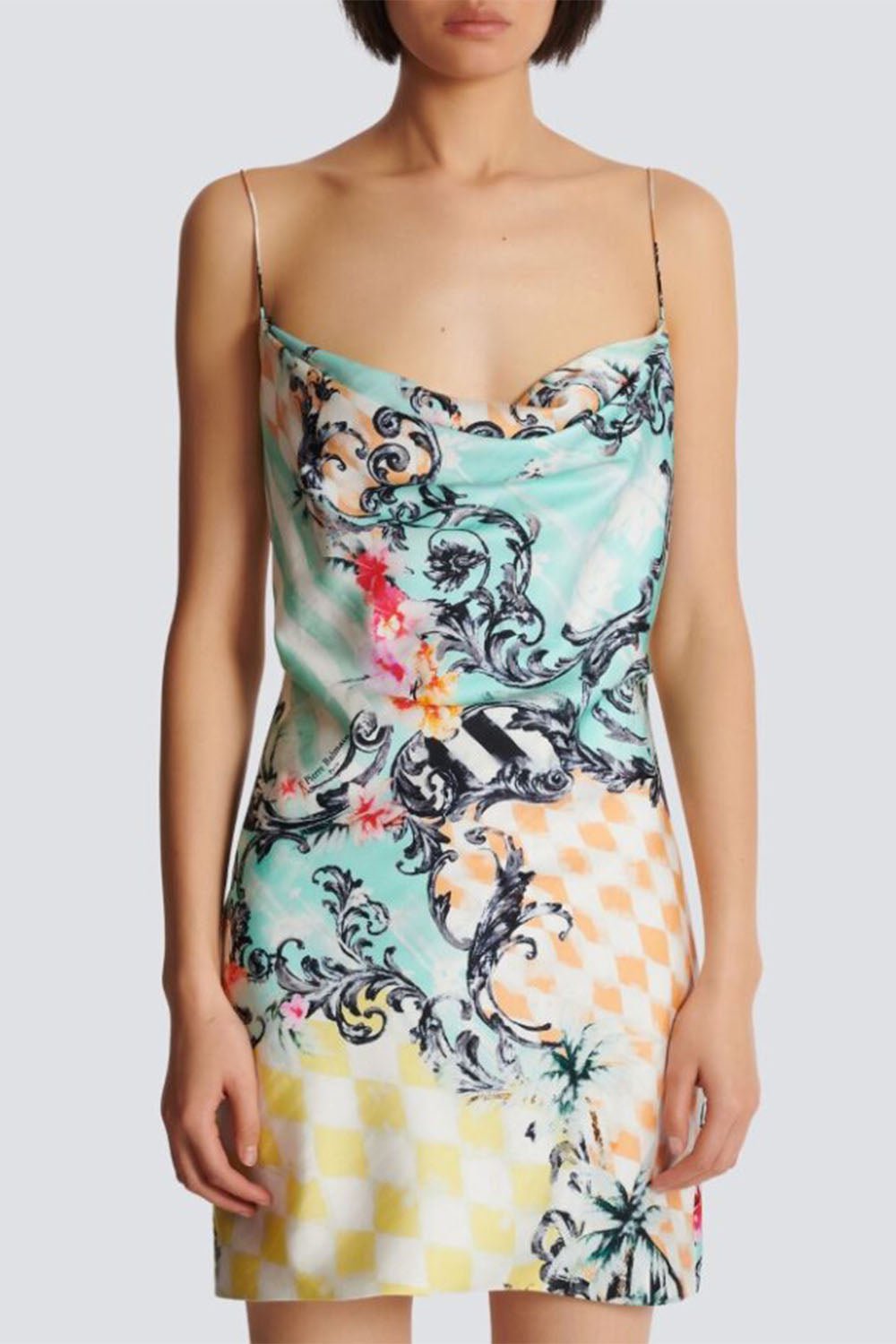 BALMAIN-Baroque Cowl Neck Mini Dress-