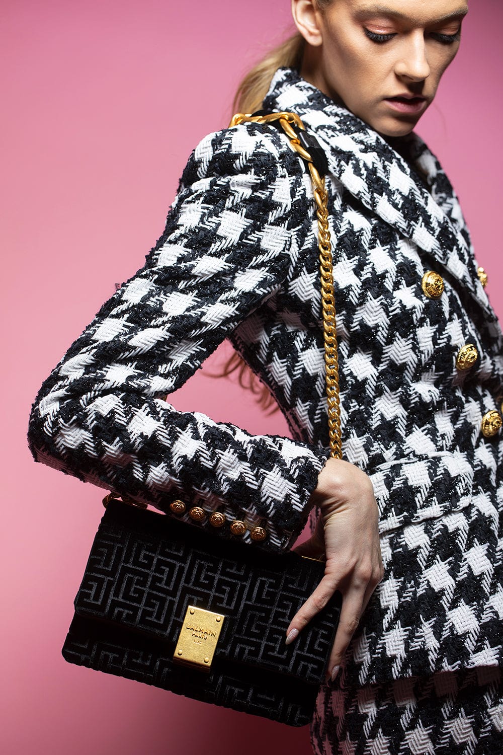 BALMAIN-6 Button Houndstooth Tweed Jacket-