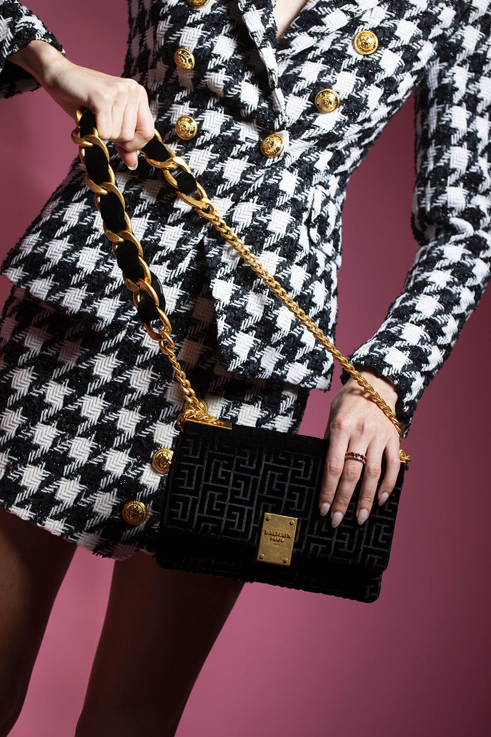 BALMAIN-6 Button Houndstooth Tweed Jacket-