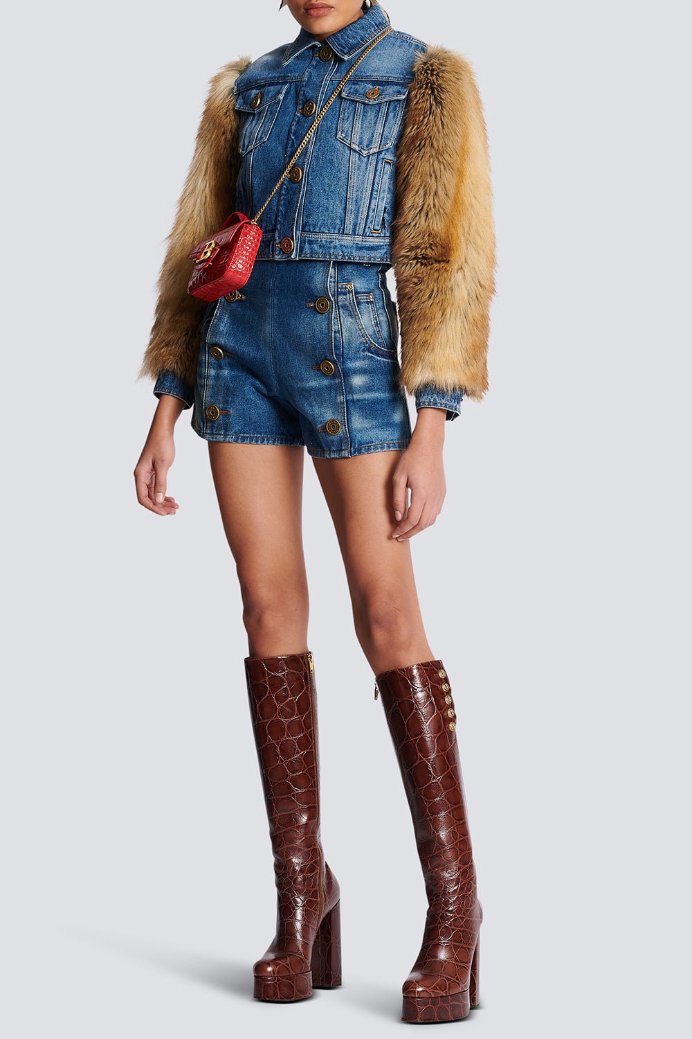 BALMAIN-Crop Denim Faux Fur Jacket-