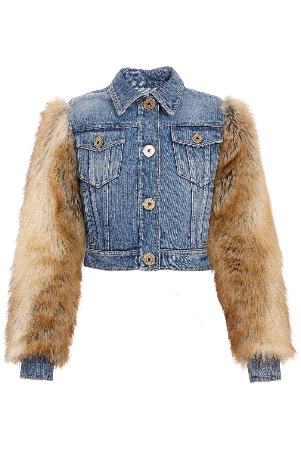 BALMAIN-Crop Denim Faux Fur Jacket-