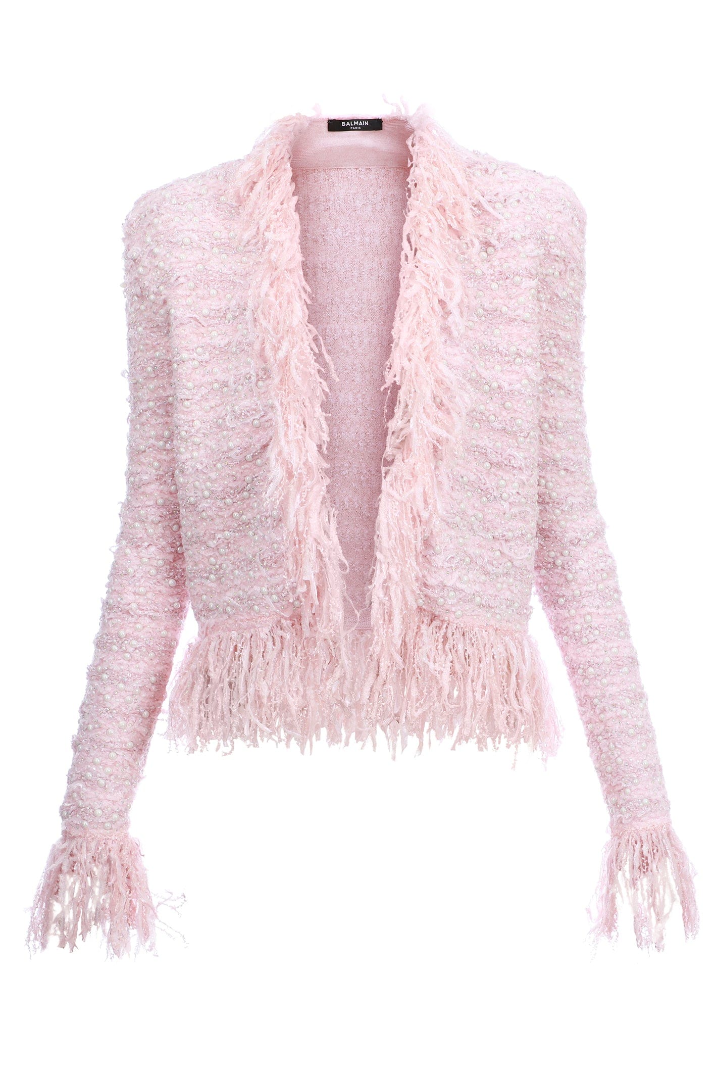 BALMAIN-Collarless Pearl Fringe Tweed Jacket-