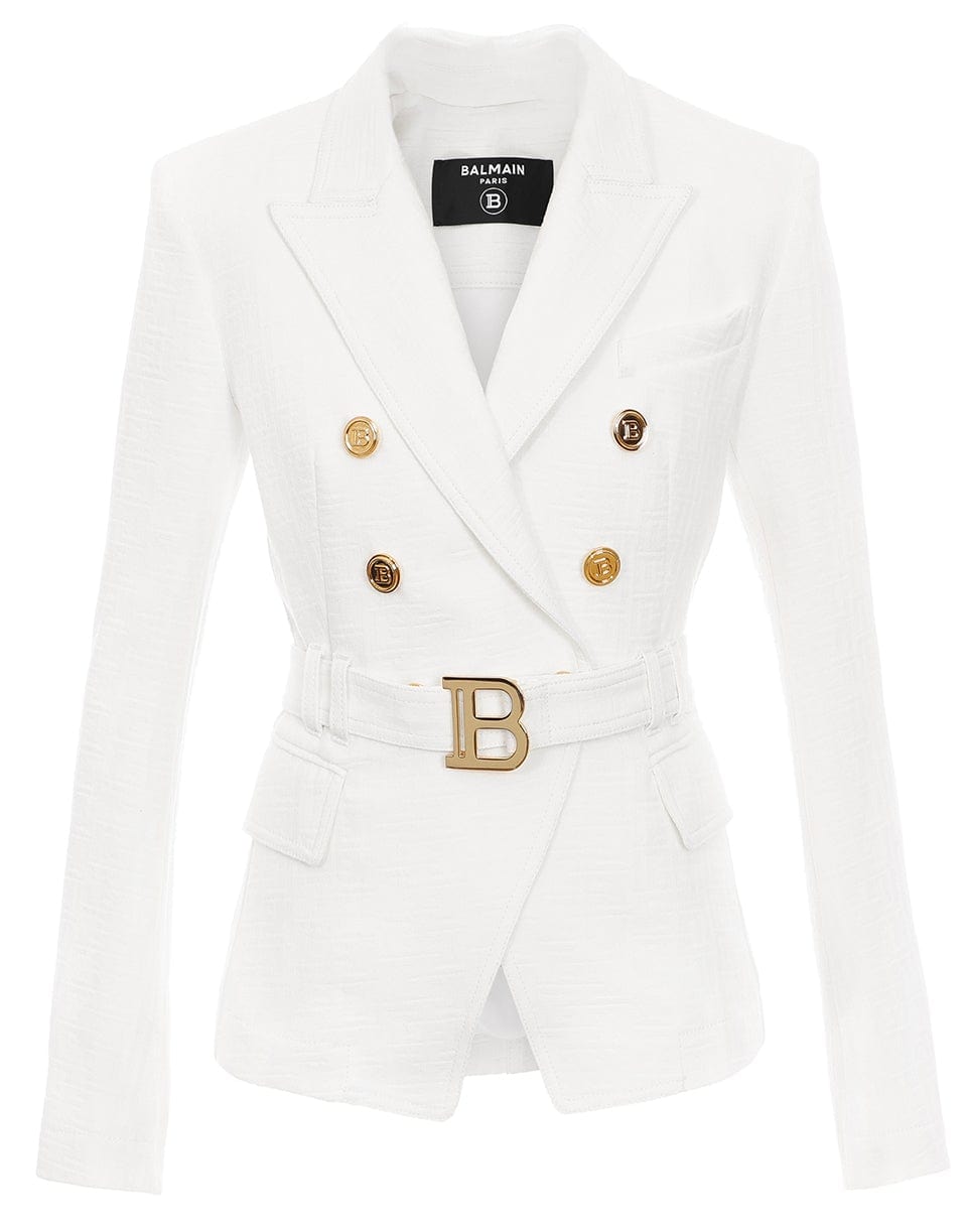 BALMAIN-Belted Monogram Denim Jacket-