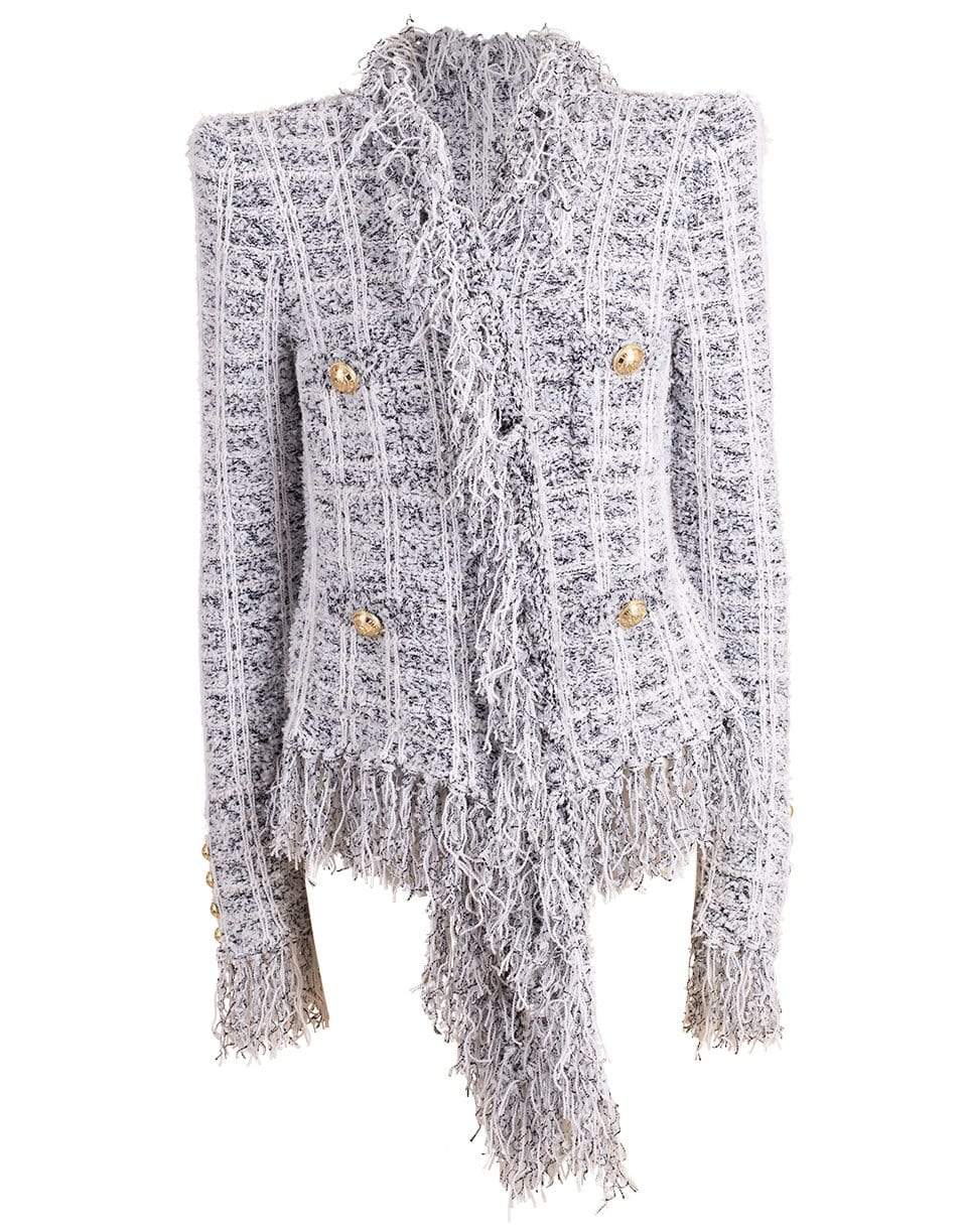 BALMAIN-Draped Hem Fringe Tweed Jacket-