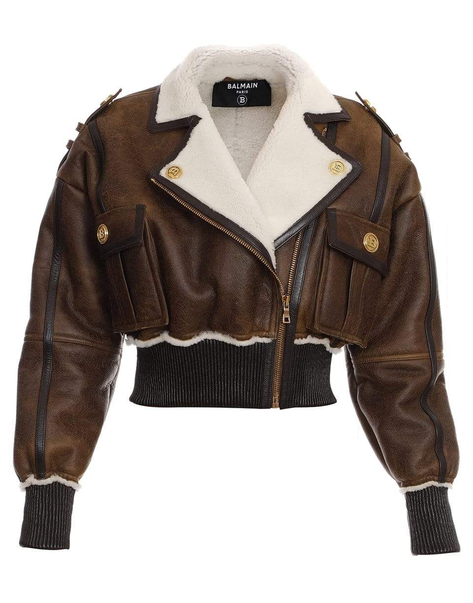 BALMAIN-Leather Trim Shearling Jacket-MARRON