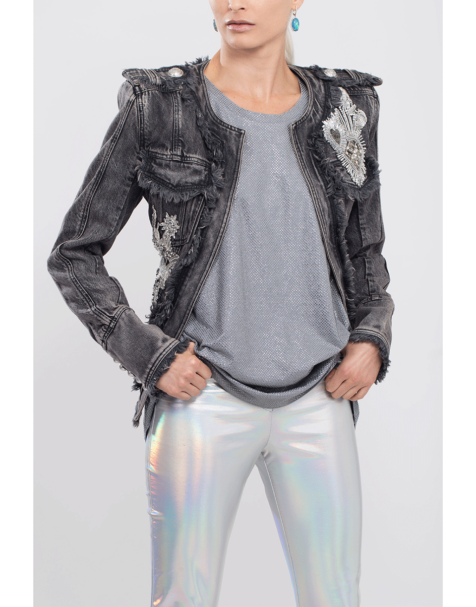 BALMAIN-Collarless Embroidered Denim Jacket-NOIR