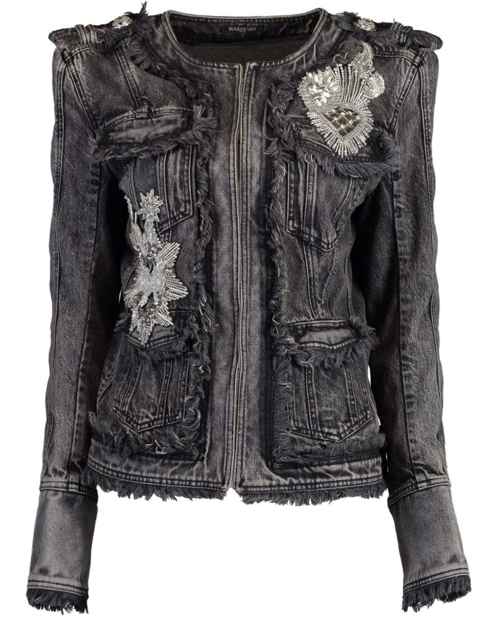 BALMAIN-Collarless Embroidered Denim Jacket-NOIR
