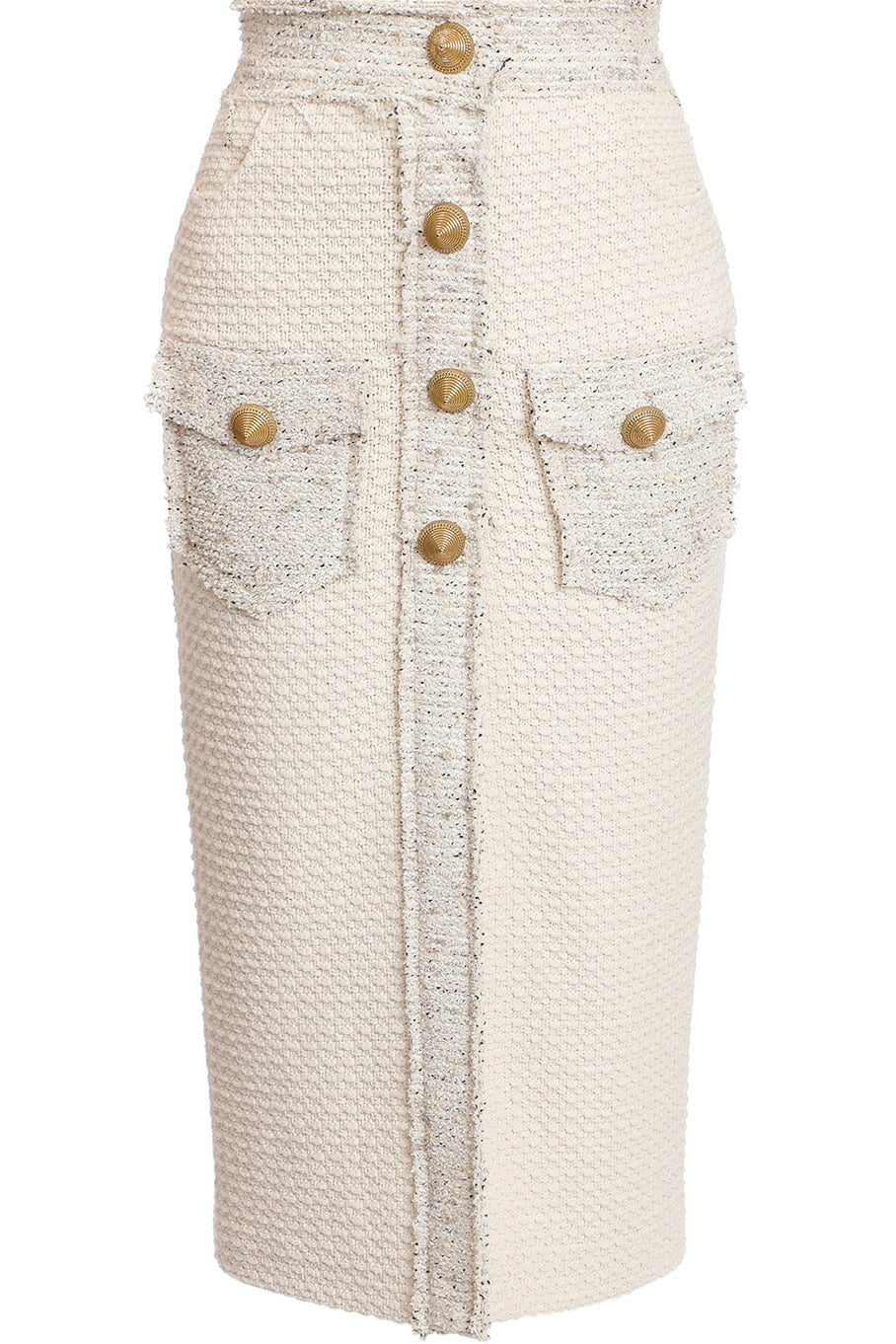 BALMAIN-Two Pocket Button Tweed Midi Skirt-BLANC