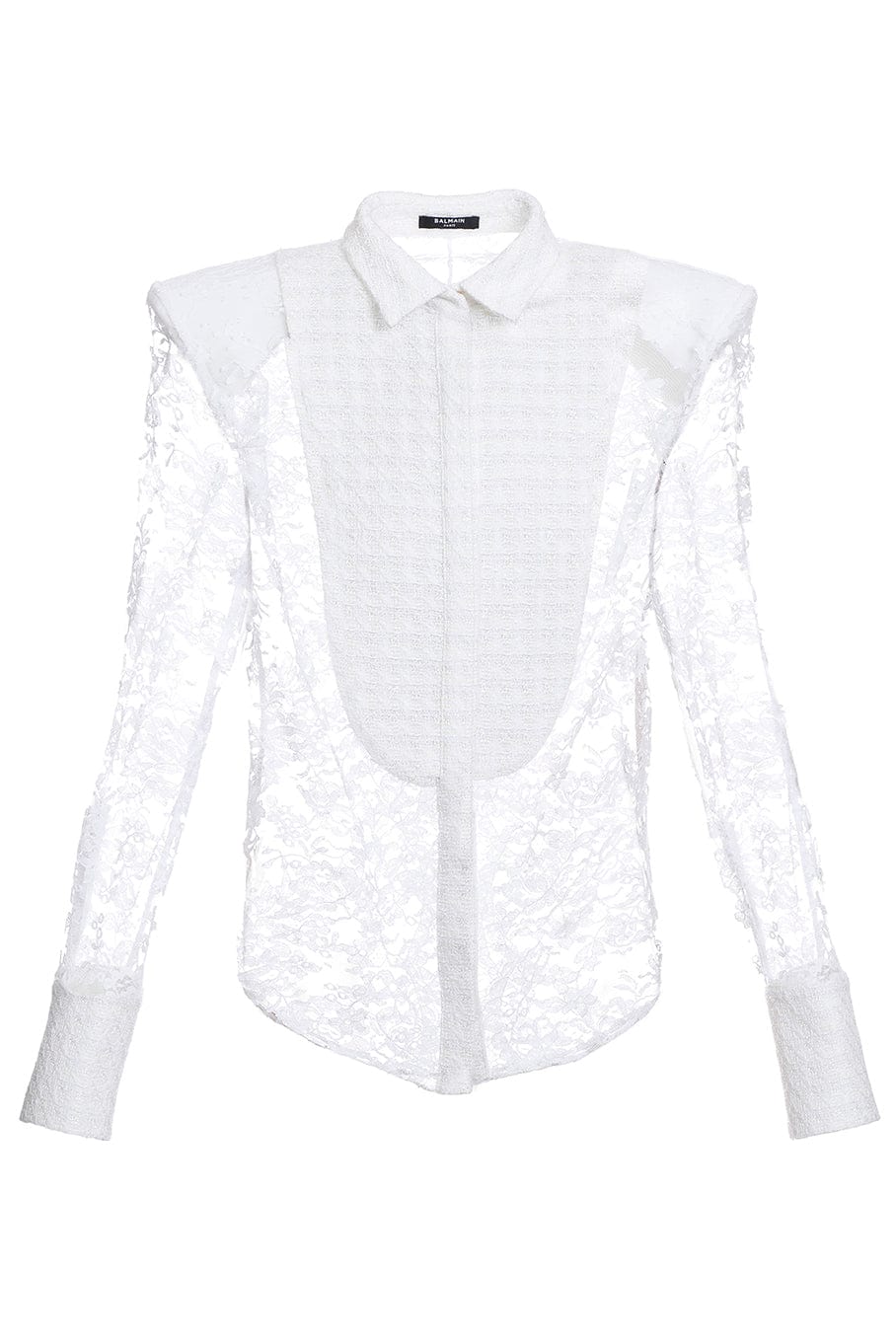 BALMAIN-See-Through Lace & Tweed Plastron Shirt-