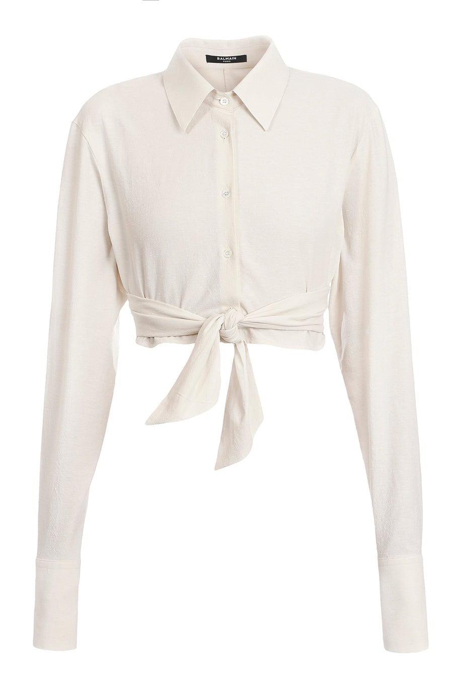 BALMAIN-Long Sleeve Knotted Crop Top-BLANC