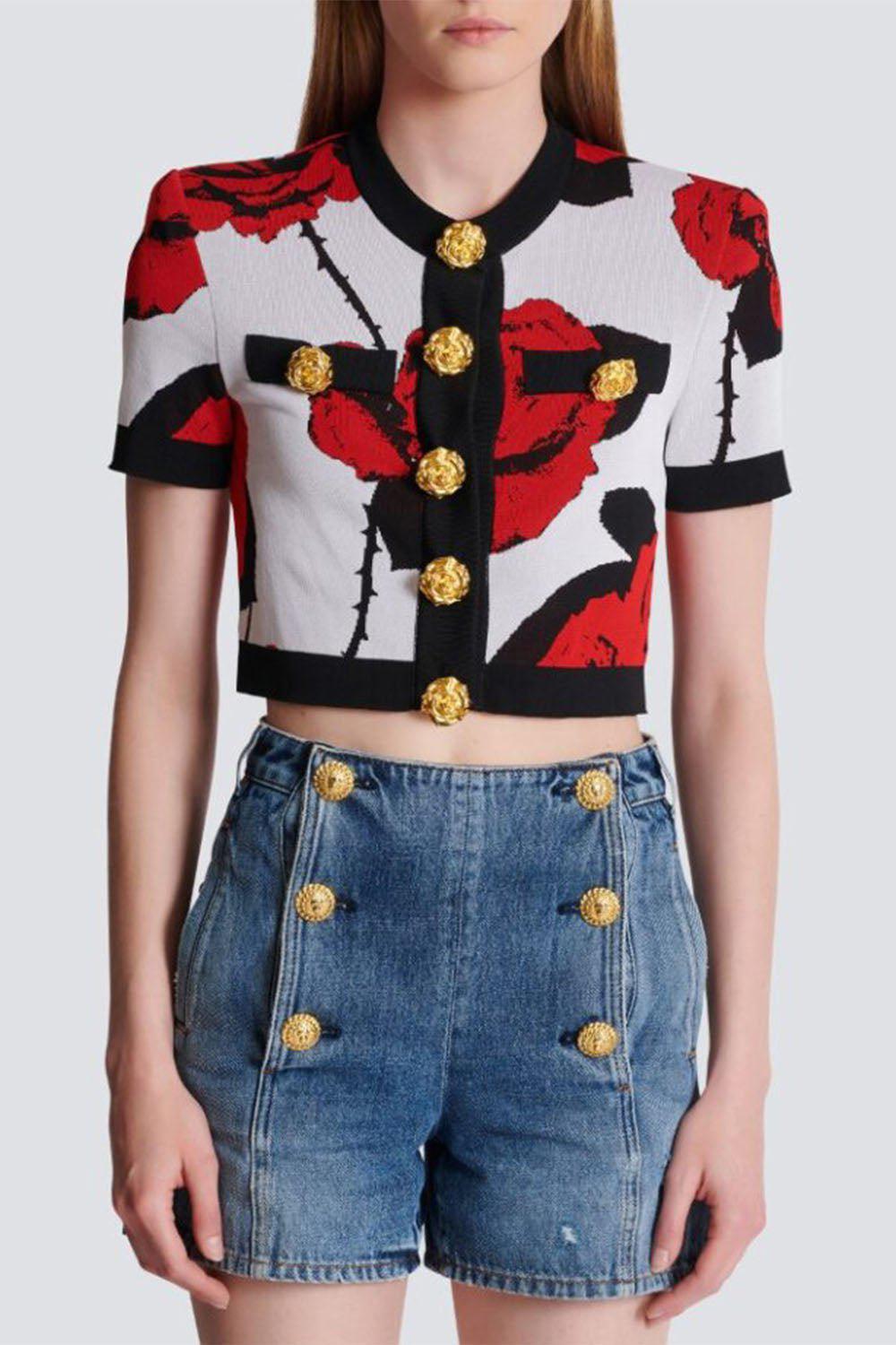 BALMAIN-Cropped Floral Cardigan-