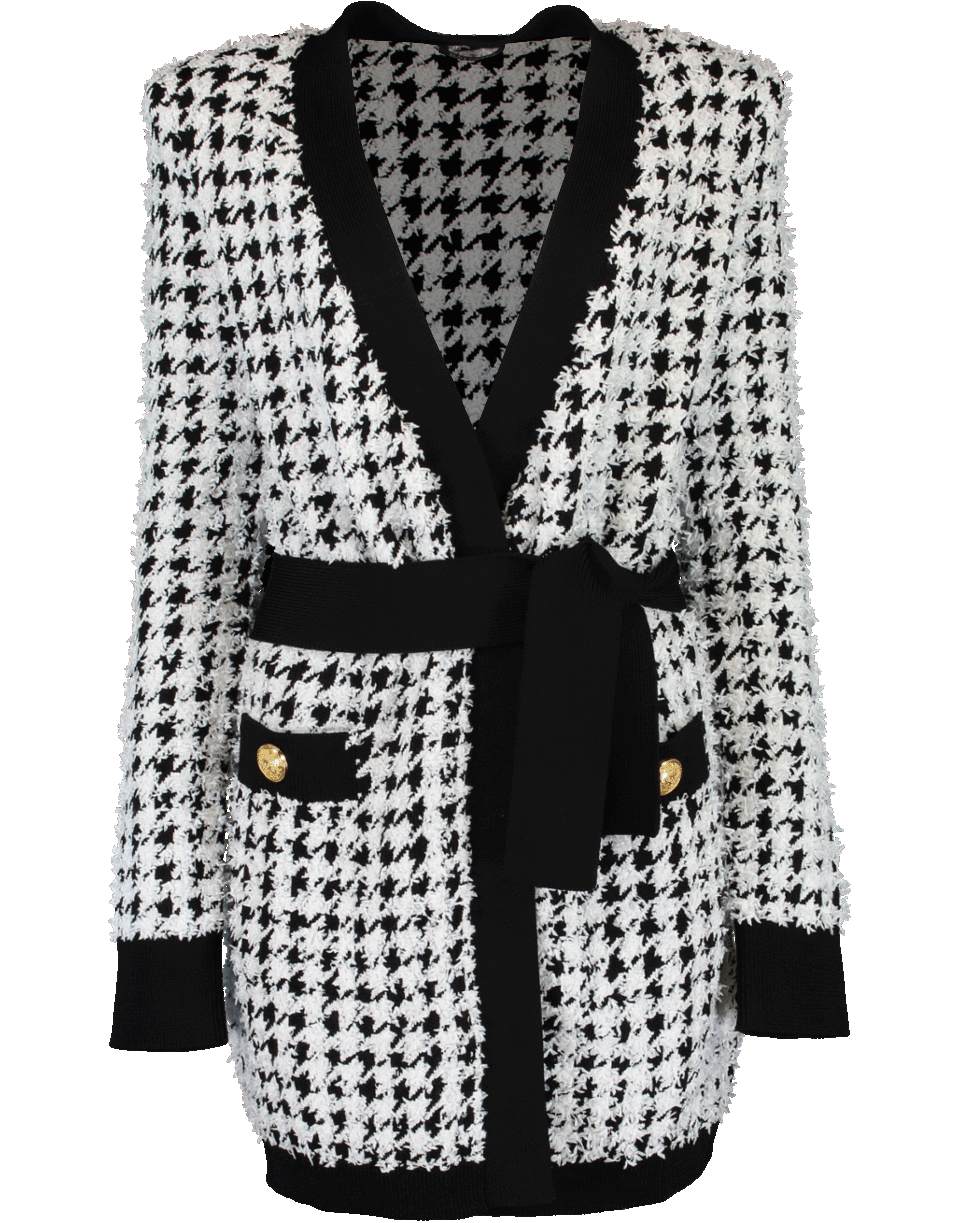 BALMAIN-Belted Houndstooth Cardigan-