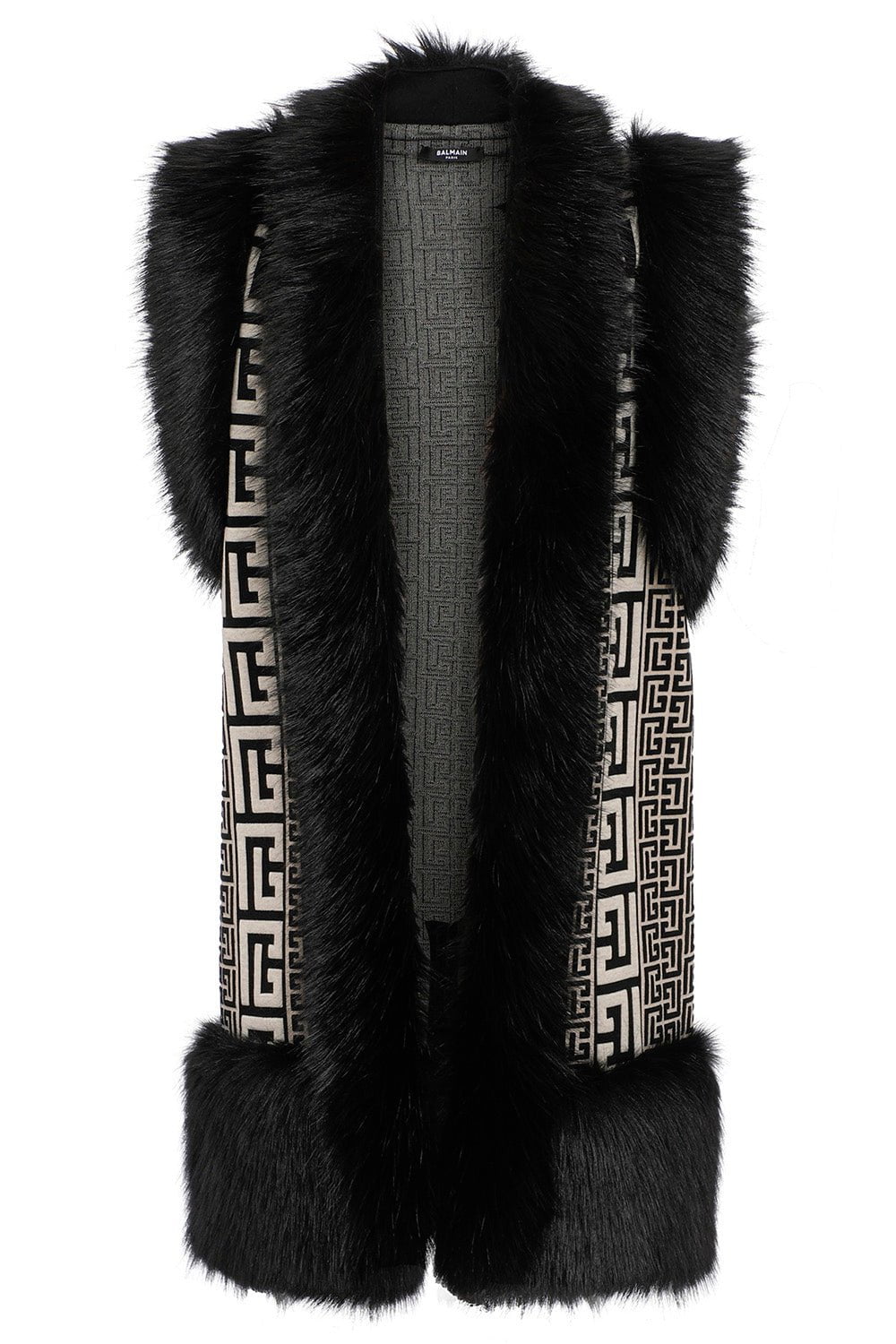 BALMAIN-Faux Fur Long Cardigan-IVOIRE/NOIR