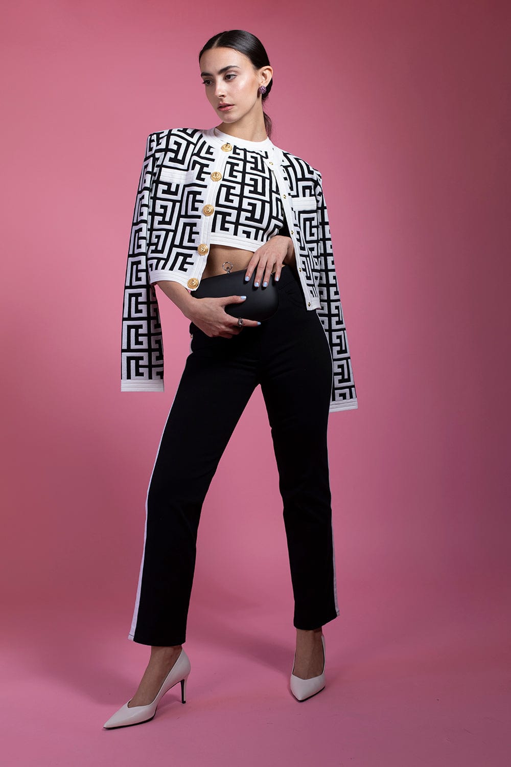 BALMAIN-Monogram Cropped Cardigan-