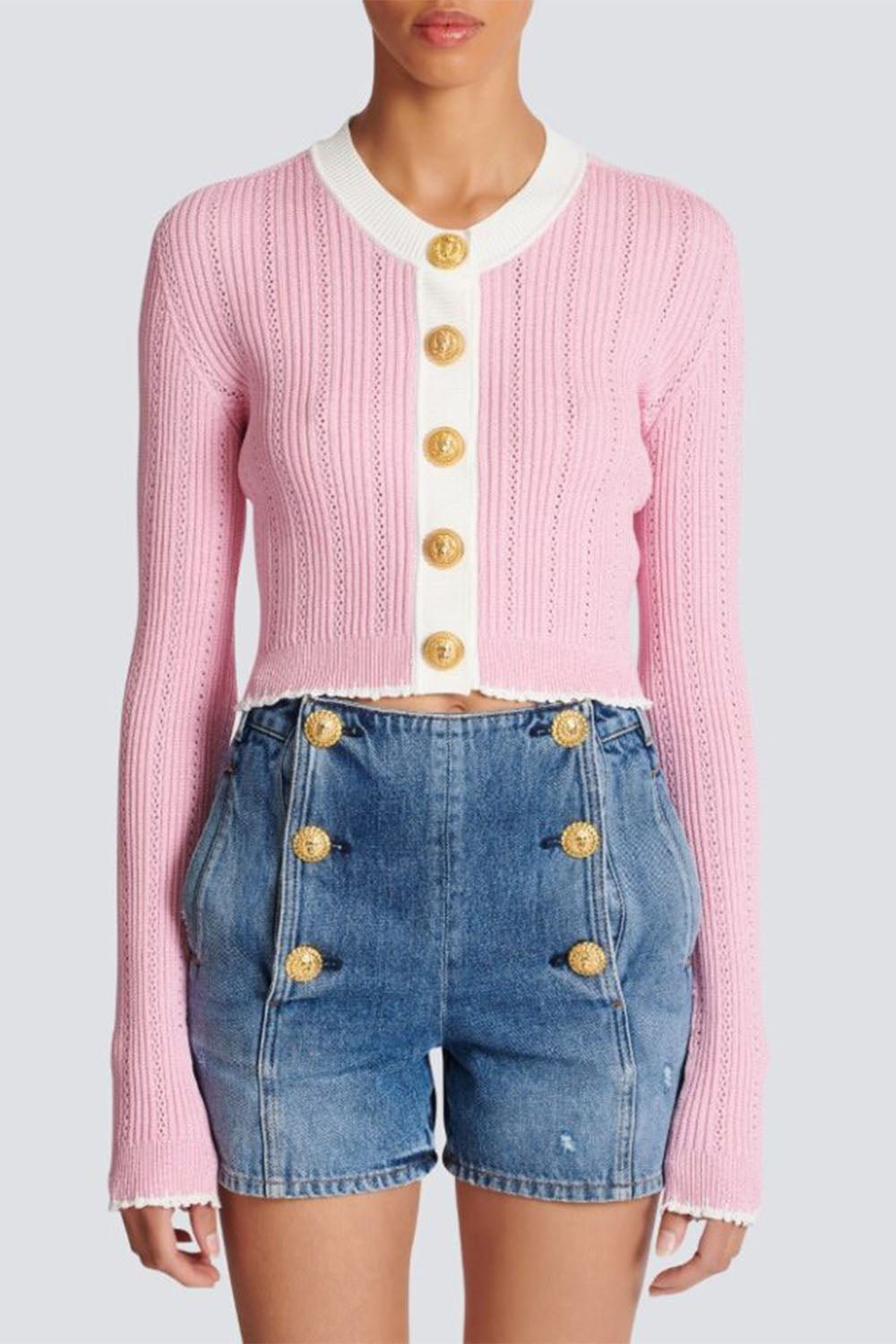 BALMAIN-Round Neck Cropped Cardigan-