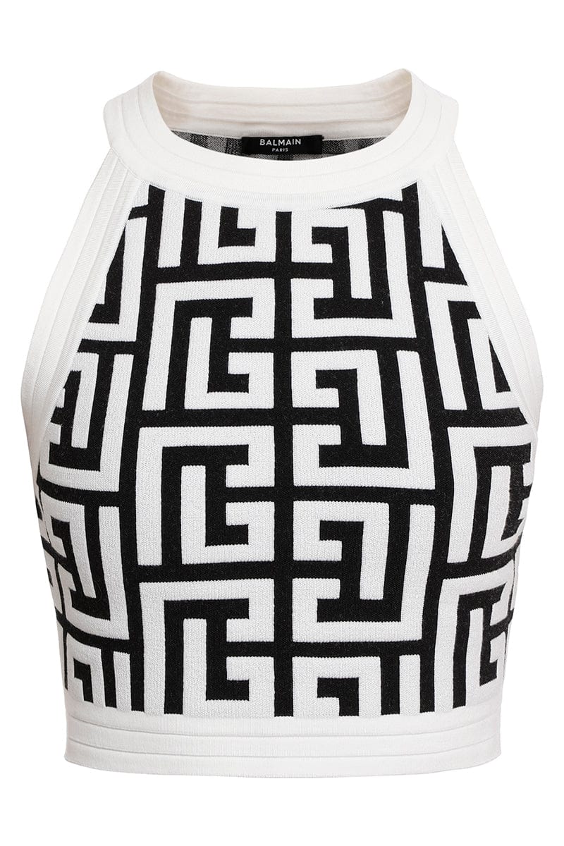 BALMAIN-Sleeveless Monogram Cropped Top-
