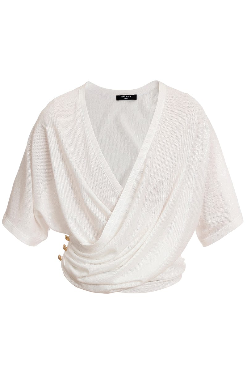 BALMAIN-3 Button Draped Lurex Jersey Top-