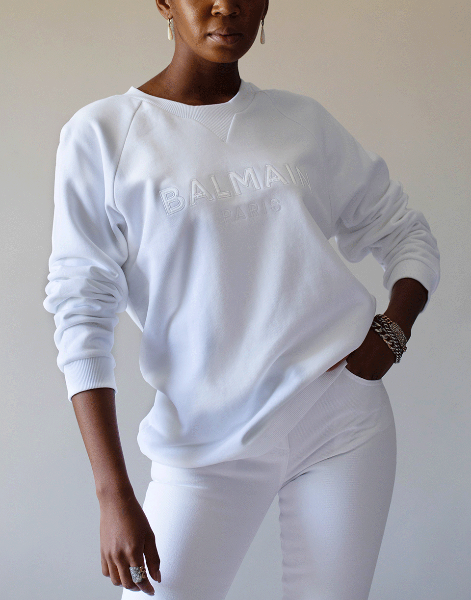 BALMAIN-White Satin Logo Sweatshirt-