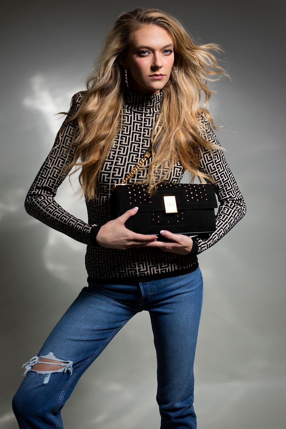 BALMAIN-Long Sleeve Monogram Knit Sweater - Ivoire Noir-IVOIRE NOIR
