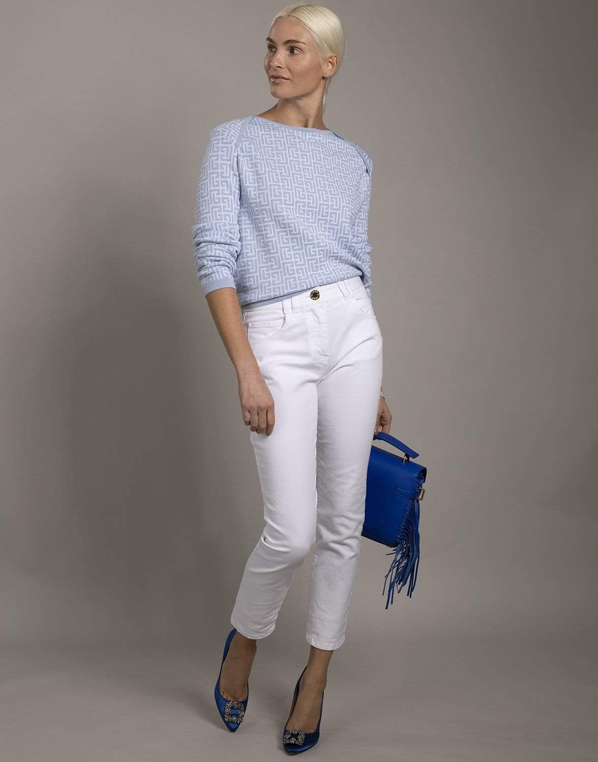 BALMAIN-Cropped Monogram Jacquard Sweater-